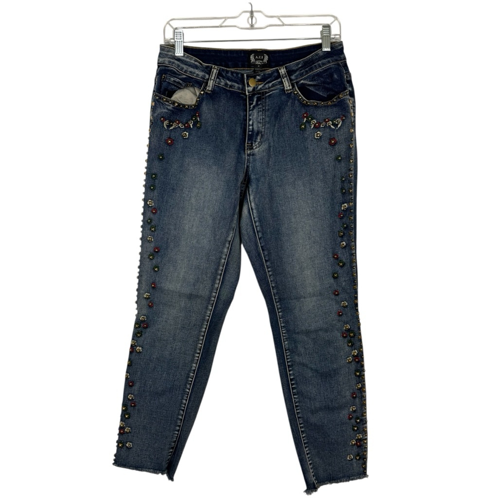 A.Z.I Jeans Womens 8 Blue Denim Cropped Studded Embellished High Rise Raw Hem - Picture 2 of 10